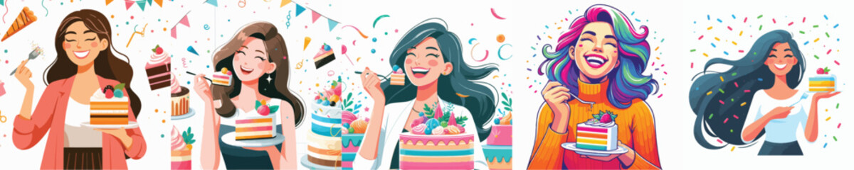 vector woman eating cake white background