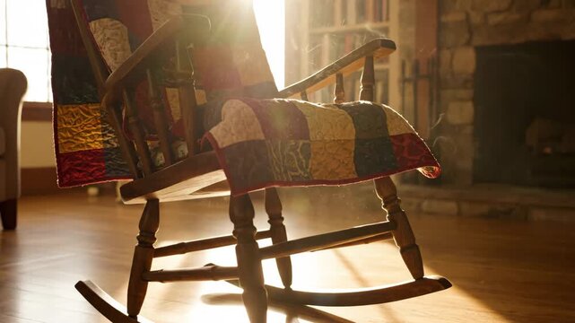 Sunlight on Rocking Chair with Quilt - Sunlight streams through the window and illuminates a wooden rocking chair draped with a colorful quilt.