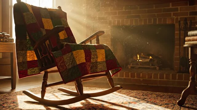 Cozy Living Room with Sunlight and Rocking Chair - Sunlight streams into a cozy living room highlighting a wooden rocking chair draped with a colorful patchwork quilt.