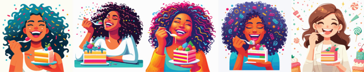 vector woman eating cake white background