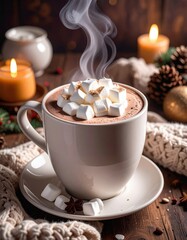 A cozy cup of hot chocolate topped with marshmallows, surrounded by candles and pinecones, creating a warm, inviting atmosphere.