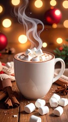 A steaming cup of hot chocolate topped with marshmallows, surrounded by festive decorations and warm ambiance.
