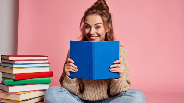 Female Student Peeking Over Blue Book - A young female student sits cross-legged on the floor with a stack of colorful books next to her.