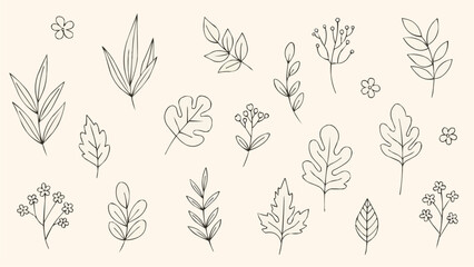 Hand Drawn Botanical Elements Collection Delicate Line Art Leaves and Flowers.