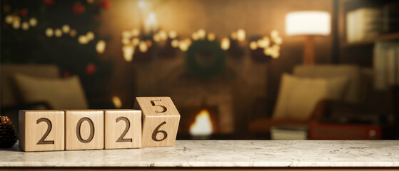 Obraz na płótnie Canvas 2026 new year countdown wooden block calendar on marble table across fireplace with Christmas decors