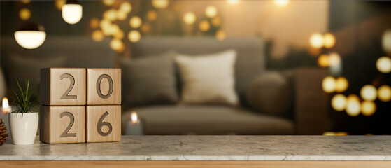 2026 new year countdown wooden block calendar on marble table across sofa in living room with decors