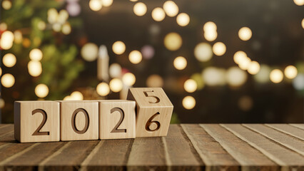 2026 new year wooden blocks calendar on table across string light decoration in cafe garden at night