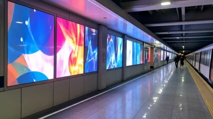 Modern Subway Station with Abstract Digital Art and Train Arrival - Powered by Adobe
