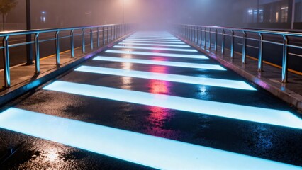 Illuminated pedestrian crossing in a foggy urban environment, featuring glowing stripes on wet pavement, surrounded by soft ambient light and reflections, creating a mysterious and atmospheric scene