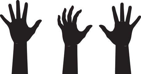 Three Black Silhouette Hands Raised Upwards reaching