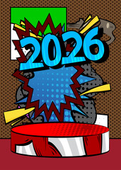 Comic Book Product podium stage for mockup presentation with 2026. Retro comics background.