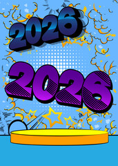 Comic Book Product podium stage for mockup presentation with 2026. Retro comics background.
