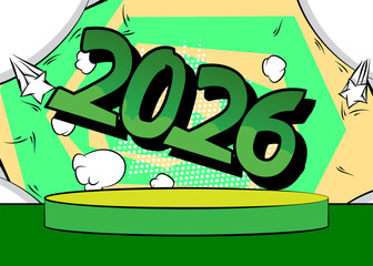 Comic Book Product podium stage for mockup presentation with 2026. Retro comics background.