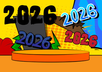 Comic Book Product podium stage for mockup presentation with 2026. Retro comics background.