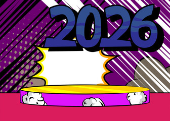 Comic Book Product podium stage for mockup presentation with 2026. Retro comics background.