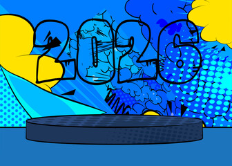 Comic Book Product podium stage for mockup presentation with 2026. Retro comics background.