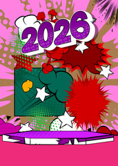 Comic Book Product podium stage for mockup presentation with 2026. Retro comics background.