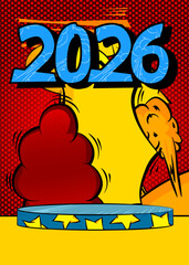 Comic Book Product podium stage for mockup presentation with 2026. Retro comics background.