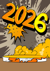 Comic Book Product podium stage for mockup presentation with 2026. Retro comics background.