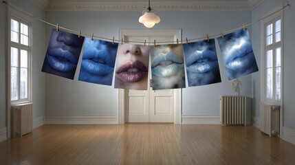 A Beautifully Inviting Room Showcasing an Array of Pictures Elegantly Adorned on a Charming Hanging Line