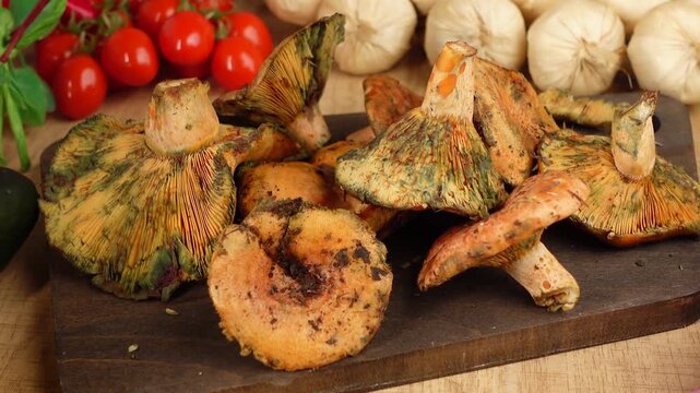 Cooking mushrooms with garlic and tomatoes on a table