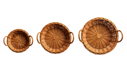  Set of Three Woven Wooden Baskets in Different Sizes with Handles on Transparent Background