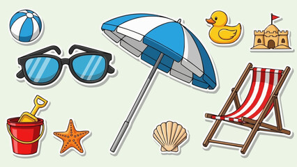 Beach Vacation Essentials Collection With Umbrella Sunglasses And Toys.
