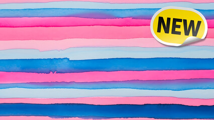 Vibrant pink and blue striped background with NEW label