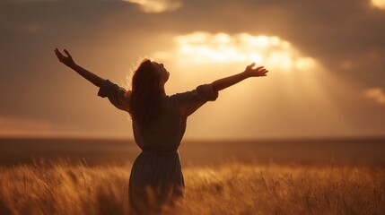 Woman standing in a wheat field with arms outstretched, feeling spiritual hope during sunset with copy space