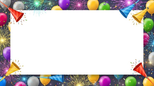 New Year-themed PowerPoint slides, with balloons, fireworks, hats, and other objects. 