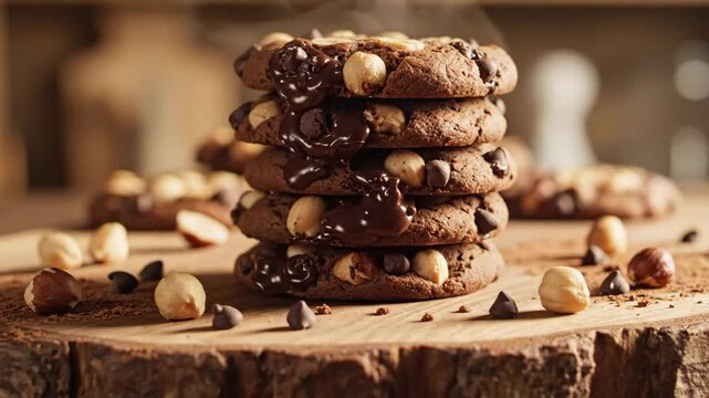 Chocolate Chip Hazelnut Cookie Stack - A stack of four freshly baked chocolate chip cookies generously studded with blanched hazelnuts sits on a rustic wooden board.