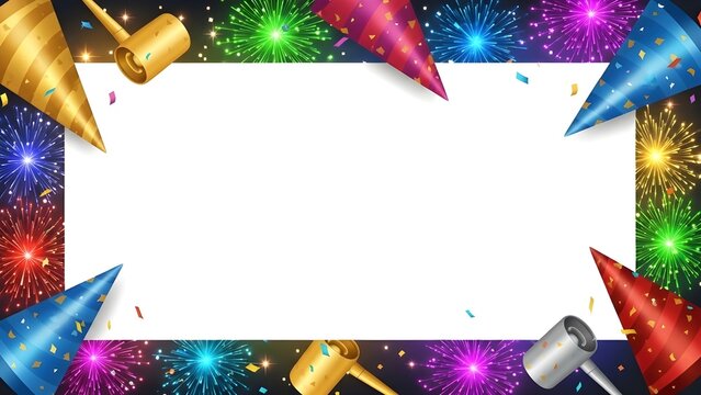 New Year-themed PowerPoint slides, with balloons, fireworks, hats, and other objects. 