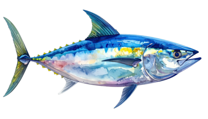 Watercolor depiction of a vibrant, streamlined fish with blue hues