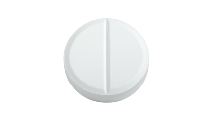 Overhead shot of a white, round tablet with a scored line, centered
