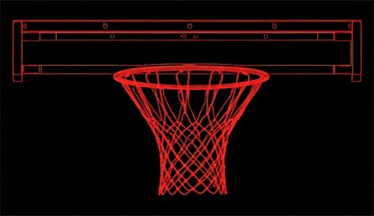 Red Basketball Hoop Line Art Against Black Background Depicting Sport Equipment