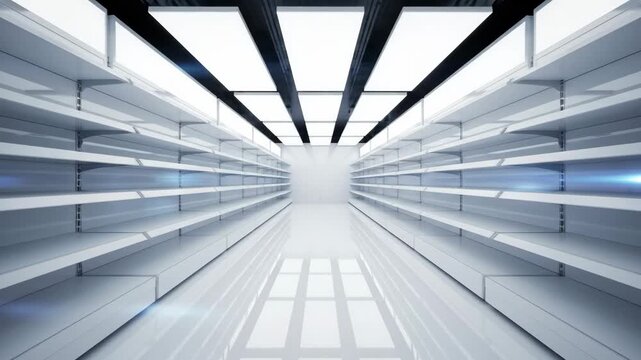 Futuristic Aisle with Empty Shelves - A sleek, futuristic aisle with empty shelves is bathed in bright white light, creating an ambiance of anticipation and potential.