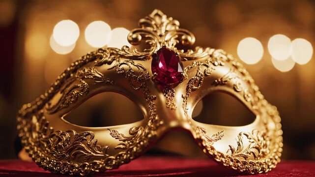 Elegant Golden Masquerade Mask with Jewel - A stunning golden masquerade mask featuring intricate designs and a prominent red jewel is displayed against a softly blurred background of warm, glowing