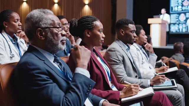 Diverse Doctors Attending Medical Conference - A diverse group of doctors are attentively listening during a conference in an auditorium.