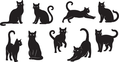 Collection of black cat silhouettes in various poses