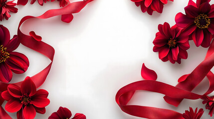 Red Floral Frame with Ribbon on White Background