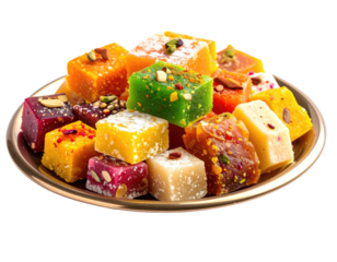 A colorful assortment of small, square confectioneries arranged on a platter