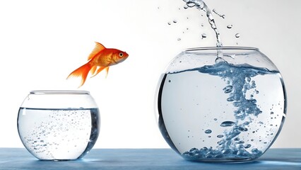 A goldfish leaps from a small fishbowl to a larger one, symbolizing change and new opportunities