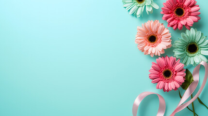 Colorful Gerbera Flowers with Ribbon on Turquoise Background