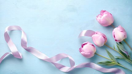 Pink Tulip Flowers with Ribbon on Light Blue Background