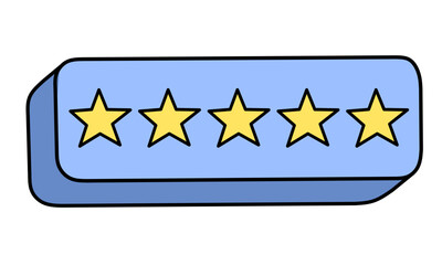 Five yellow stars rating bar icon on blue button background