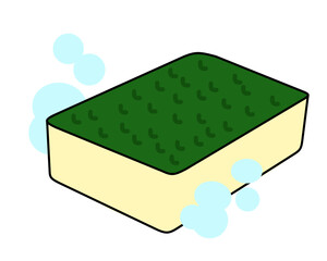 Green and yellow cleaning sponge with soap bubbles around it