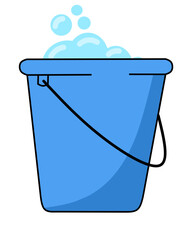 Blue plastic bucket filled with soap bubbles for cleaning icon