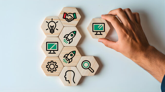 Strategic Business Development Hand adds a technology icon to a hexagonal grid of innovation, collaboration, and solution-oriented symbols