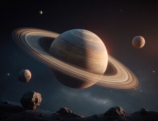 Ringed planet in deep space, multiple celestial bodies, rocky landscape