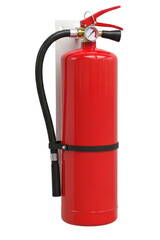 Red steel fire extinguisher tank with black hose and mounting bracket on a transparent background